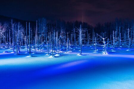 Beautiful outdoor landscape with blue pond river at night with light up in snow winter season at biei Hokkaido Japanの写真素材