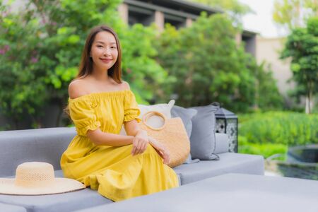 Portrait beautiful asian women happy relax smile around gardenの写真素材