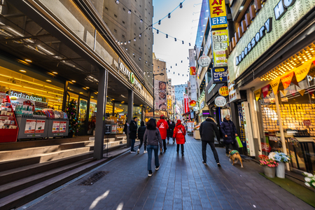 Seoul, South Korea - 10 December 2018 : Myeong dong market is the popular place and district for shopping find something eat and sightseeingのeditorial素材