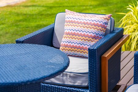 Comfortable pillow on sofa decoration outdoor patio for take a seat and relaxの写真素材