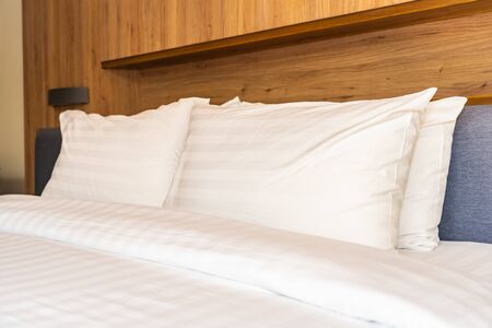 Pillow on bed decoration interior of bedroom interior with light lamp