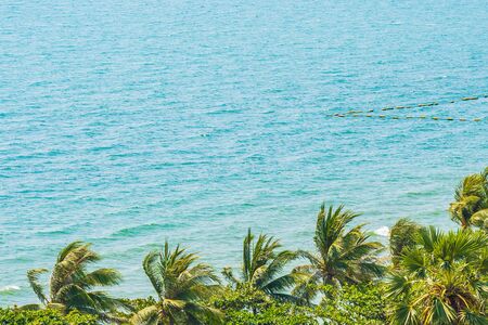 Beautiful tropical nature of beach sea ocean bay around coconut palm tree for leisure vacationの写真素材