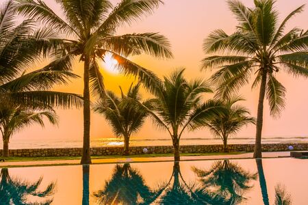 Beautiful nature with palm tree around outdoor swimming pool in hotel resort nearly sea ocean beachの写真素材