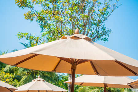 Umbrella and chair around sea beach ocean with coconut palm tree on blue sky background for leisure vacationの写真素材