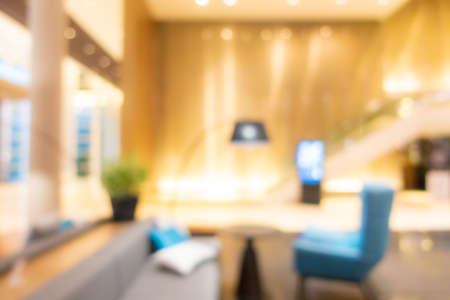 Abstract blur and focus luxury hotel lobby hall lounge interior for background