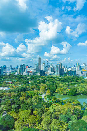 Beautiful landscape of cityscape with city building around lumpini park in bangkok Thailand