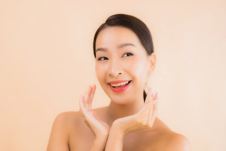 Portrait beautiful young asian face woman with beauty spa wellness and cosmetic makeup conceptの写真素材