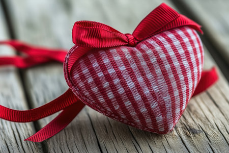A charming red gingham fabric heart with a ribbon bow placed on rustic wooden planks, radiating warmth and love by Generative Ai Photoの素材