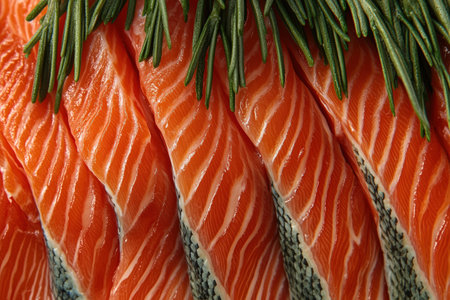 A close-up view of fresh salmon fillets, arranged neatly and garnished with sprigs of rosemary. - Generative AIの素材