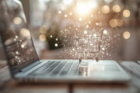 A glowing digital shopping cart emerges from a laptop, symbolizing innovation and the seamless magic of e-commerce, designed through Generative AI.の素材