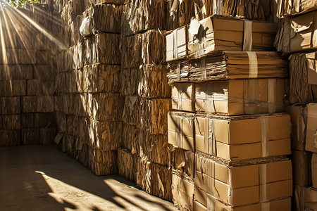Stacked bundles of recycled cardboard illuminated by golden sunlight, showcasing sustainable packaging innovation, created by Generative AI.の素材