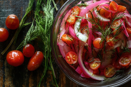 A colorful and fresh salad featuring cherry tomatoes, pickled onions, and fragrant dill, beautifully captured by Generative Ai.の素材
