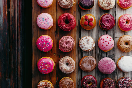 An artistic display of vibrant donuts with various icing, sprinkles, and toppings, arranged on rustic wooden surfaces by Generative AIの素材