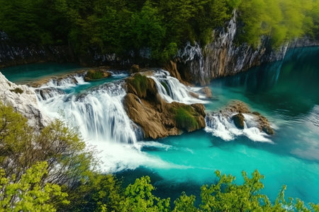 A mesmerizing waterfall cascades over rocky ledges into a turquoise lagoon, framed by lush greenery and natural beauty, created by Generative Ai.の素材