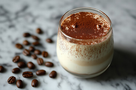 A close-up of a rich tiramisu dessert sprinkled with cocoa powder, surrounded by coffee beans on a marble surface by Generative Ai.の素材