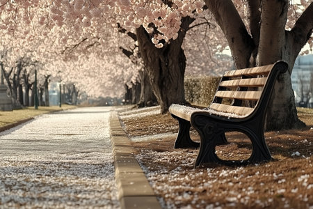 A tranquil pathway under blooming cherry blossom trees, featuring a picturesque bench surrounded by fallen petals, captured beautifully by Generative Ai.の素材
