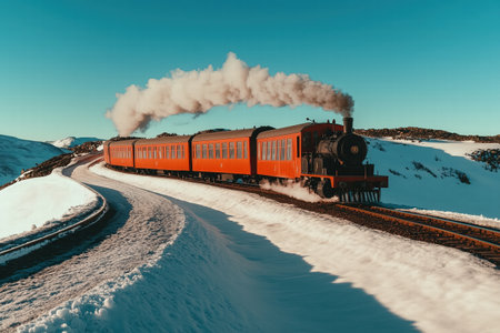 A Vintage steam train traveling through snowy landscape Generative Aiの素材