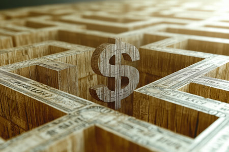 A wooden maze with dollar sign in center symbolizes financial challenges. Generative Aiの素材