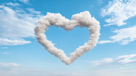 A heart shaped cloud in blue sky evokes feelings of love and serenityの素材