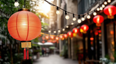 A Beautiful red lanterns illuminate festive street scene with warm lightsの素材