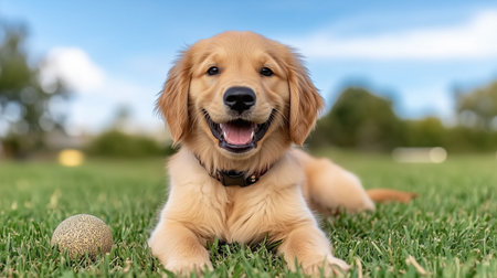 A golden retriever puppy playing joyfully with ball on grassの素材