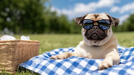 A pug wearing sunglasses enjoys sunny picnic on checkered blanketの素材