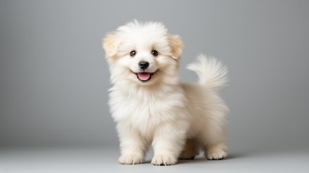 A Fluffy puppy with wagging tail, playful and adorable expressionの素材