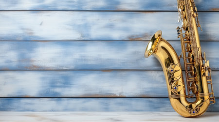 A close up of saxophone against blue wooden background, showcasing its shine and detailsの素材