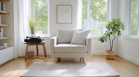 A cozy living room featuring comfortable chair, plants, and natural lightの素材