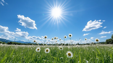 A Bright sun shining over field of daisies under clear blue skyの素材