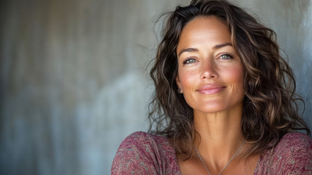 A radiant woman with curly hair smiles warmly against textured backgroundの素材