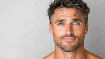 A man with charming expression and striking blue eyes smiles warmlyの素材