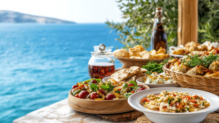 A vibrant Greek feast with fresh ingredients by sea, perfect for gatheringsの素材
