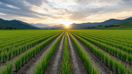 A Picturesque view of rice field at sunset with vibrant green plantsの素材