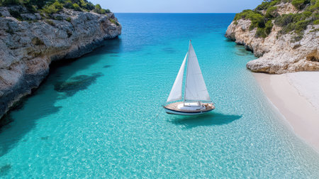 A serene beach with sailboat on crystal clear water and rocky cliffsの素材