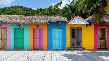 A Colorful fishing village with vibrant doors and tropical sceneryの素材
