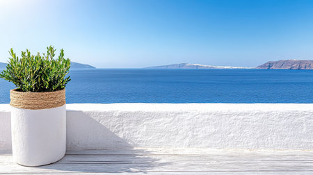 A serene coastal view featuring potted plant against blue sea backdropの素材