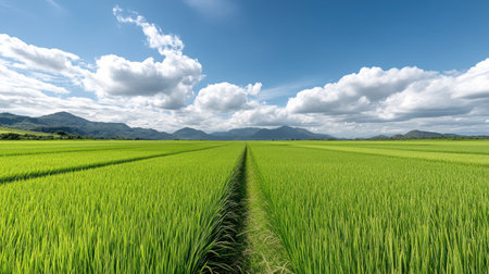 A serene rice field under bright sky with fluffy clouds and mountainsの素材