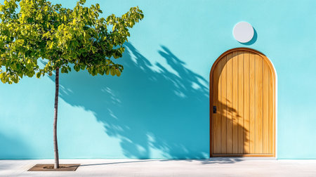 A Bright turquoise wall with wooden door and tree casting shadowsの素材
