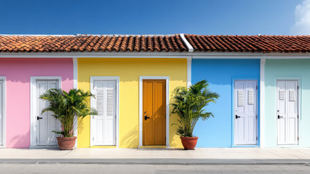 A Colorful shophouses with vibrant doors and plants in pots create lively sceneの素材
