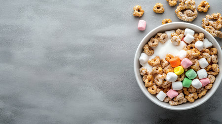 A bowl of sugary cereal with colorful marshmallows and milkの素材