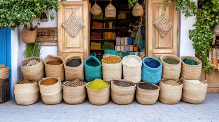A Vibrant display of colorful spices in woven baskets outside shopの素材