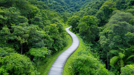 A Lush greenery along winding path in tropical forest landscapeの素材