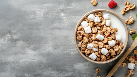 A delicious bowl of sugary cereal with marshmallows and milkの素材