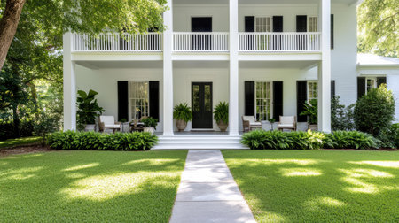 A beautiful historic plantation home with lush greenery and inviting porchの素材