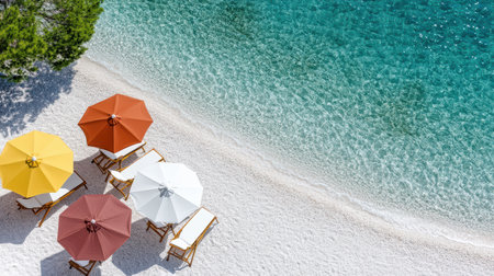 A Colorful beach umbrellas on sandy shore with clear waterの素材