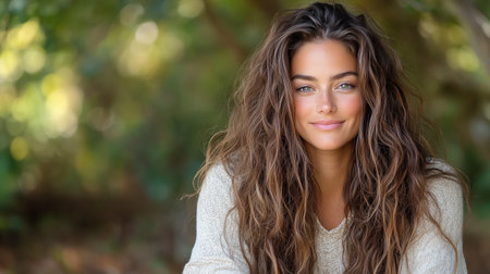 A smiling woman with long, wavy hair in natural settingの素材