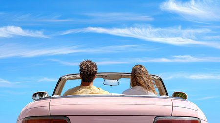 A couple enjoying scenic drive in convertible under blue skyの素材