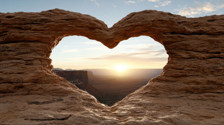 A heart shaped rock formation frames stunning sunset viewの素材