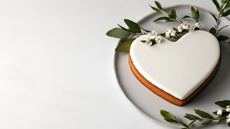 A Delightful heart shaped cake with white icing and fresh flowersの素材